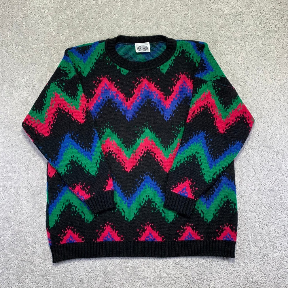 VINTAGE Classic Essentials Sweater L? Multi Color Zig Zag Geometric Knit Acrylic